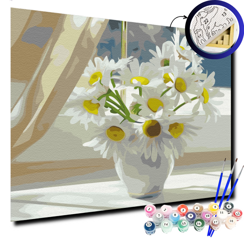 Картина за номерами Ромашки в білій вазі на вікні BS22637 фото
